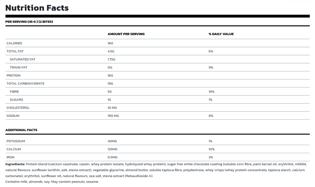 BioX Protein Bites 1.08kg — Birthday Cake — ingredients label and nutrition facts panel