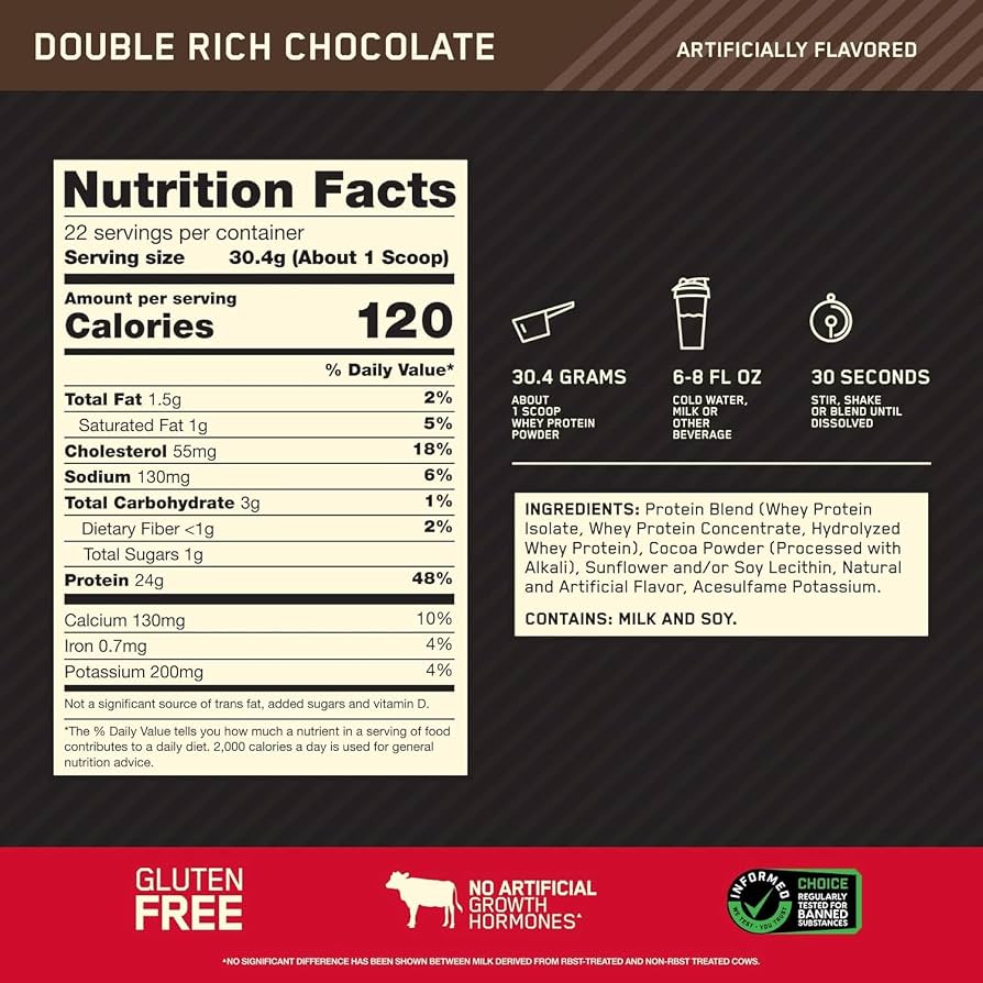 ON Gold Standard Whey 1.5LB Tub — Double Rich Chocolate — ingredients label and nutrition facts panel