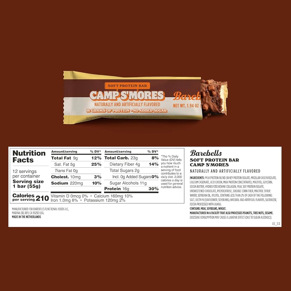 Barebells Soft Protein Bar (2 Boxes of 12, 24 Bars) - Camp S'mores nutrition facts label
