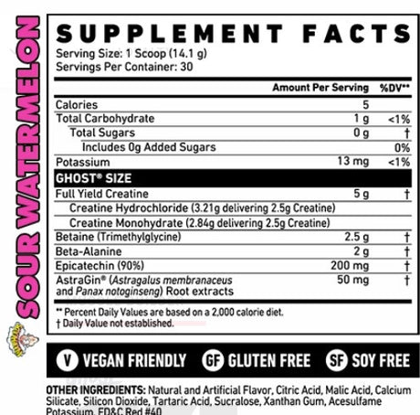 Ghost Size Lean Muscle Builder Sour Watermelon 30 Servings Supplement Facts