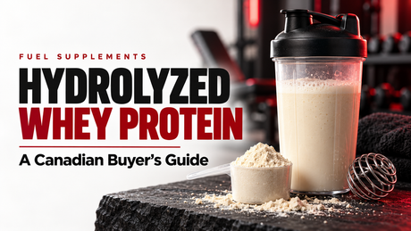 Hydrolyzed whey protein Canadian buyer’s guide, with a vanilla protein shake and scoop of whey powder.