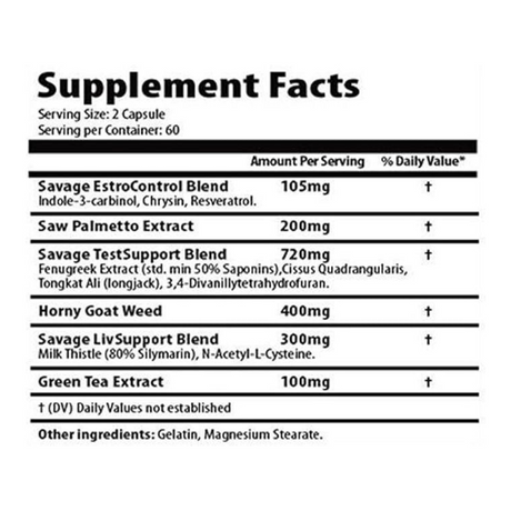 Savage Line Labs Savage PCT 60 Caps — ingredients label and nutrition facts panel