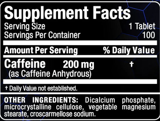Allmax Caffeine 200mg 100 Tablets — ingredients label and nutrition facts panel