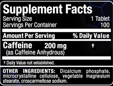 Allmax Caffeine 200mg 100 Tablets — ingredients label and nutrition facts panel