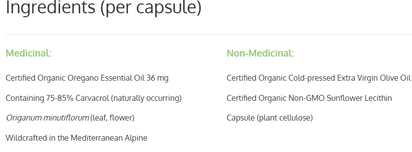 Joy Of The Moutains Oil of Oregano 90 Capsules — ingredients label and nutrition facts panel
