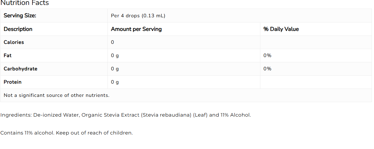 NOW Better Stevia Extract 60ml Liquid Sweetener — Original — ingredients label and nutrition facts panel
