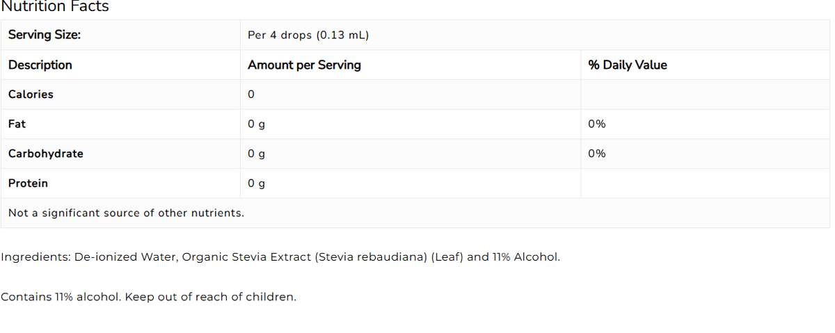 NOW Better Stevia Extract 60ml Liquid Sweetener — ingredients label and nutrition facts panel