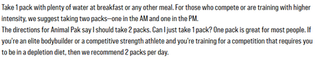 Universal Animal Pak 44 Packs — directions and suggested use panel