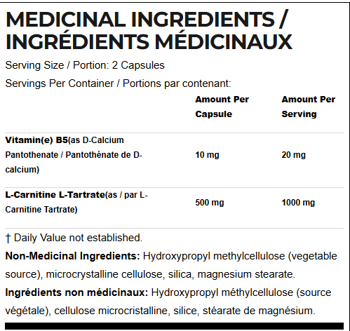 Allmax L-Carnitine+ Tartrate 120 Caps — ingredients label and nutrition facts panel