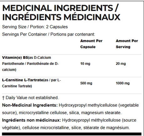 Allmax L-Carnitine+ Tartrate 120 Caps — ingredients label and nutrition facts panel