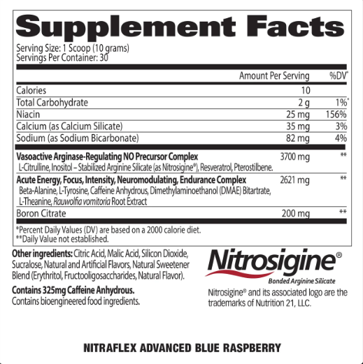 GAT Nitraflex Pre-Workout 30 Servings — Blue Raspberry — ingredients label and nutrition facts panel