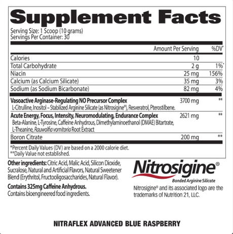 GAT Nitraflex Pre-Workout 30 Servings — Blue Raspberry — ingredients label and nutrition facts panel