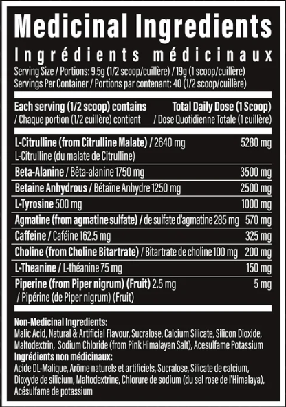 TC Nutrition Batch 27 Pre-Workout Formula 40 Servings — Blue Slushie — ingredients label and nutrition facts panel
