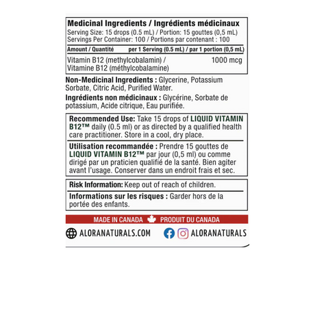 Alora Naturals Liquid Vitamin B12 50ML — ingredients label and nutrition facts panel