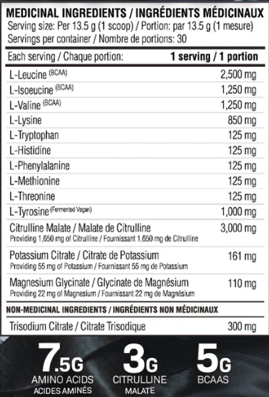 Believe Supplements Performance EAA 910g 70 Servings — Clementine — ingredients label and nutrition facts panel