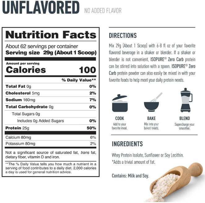IsoPure Zero Carb Whey Isolate Protein 4.5lbs — Unflavoured — ingredients label and nutrition facts panel