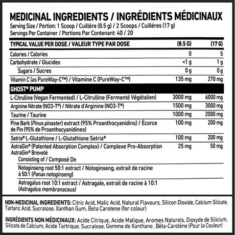 Ghost Pump Non-Stim Pre Workout 20/40 Servings — ingredients label and nutrition facts panel
