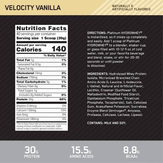 ON Platinum Hydro Whey 3.5lbs Hydrolyzed Whey Protein Isolate — Velocity Vanilla — ingredients label and nutrition facts panel