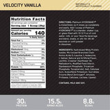 ON Platinum Hydro Whey 3.5lbs Hydrolyzed Whey Protein Isolate — Velocity Vanilla — ingredients label and nutrition facts panel