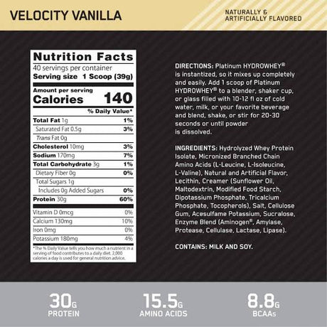 ON Platinum Hydro Whey 3.5lbs Hydrolyzed Whey Protein Isolate — Velocity Vanilla — ingredients label and nutrition facts panel