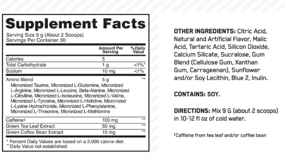 ON Amino Energy 30 Servings — Blue Raspberry — ingredients label and nutrition facts panel