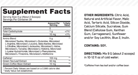 ON Amino Energy 30 Servings — Blue Raspberry — ingredients label and nutrition facts panel