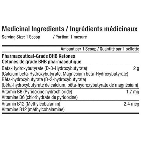 Tested Nutrition Ketones + B12 + B6 Powder — 140G — ingredients label and nutrition facts panel