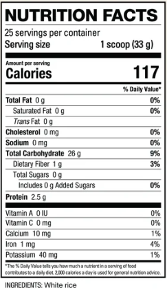 ELEV8 Creamy Rice 25 Servings — Plain — ingredients label and nutrition facts panel
