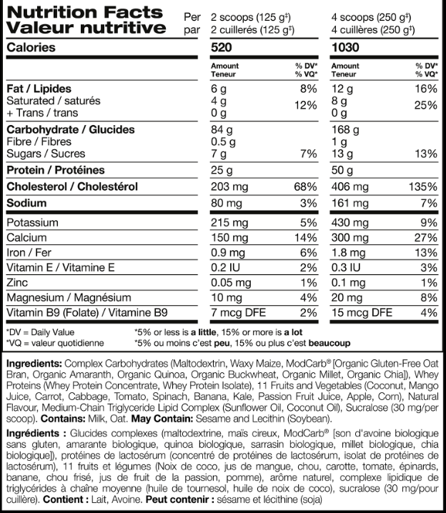 Perfect Sports Hulk Mass Gainer 3LB — Banana — ingredients label and nutrition facts panel