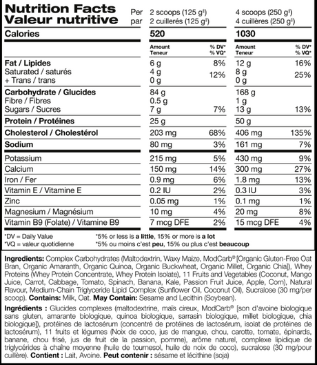 Perfect Sports Hulk Mass Gainer 3LB — Banana — ingredients label and nutrition facts panel