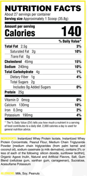 Ryse Loaded Protein Complex 2lbs — Vanilla Peanut Butter — ingredients label and nutrition facts panel