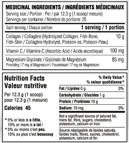 Believe Marine Collagen Refresher 25 Servings — Watermelon Lime — ingredients label and nutrition facts panel
