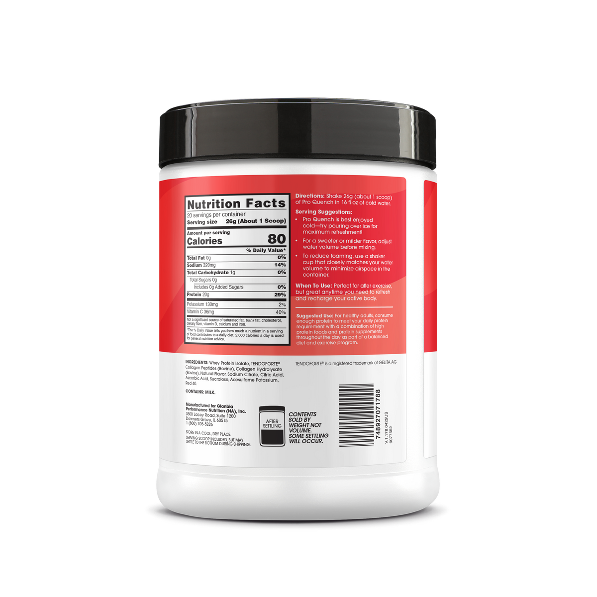 ON Pro Quench Clear Protein, Collagen & Electrolyte Powder 20 Servings — ingredients label and nutrition facts panel