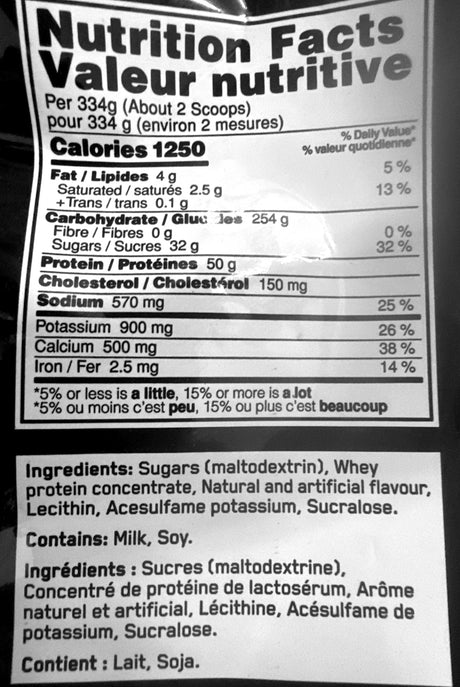 ON Serious Mass 12LB — ingredients label and nutrition facts panel