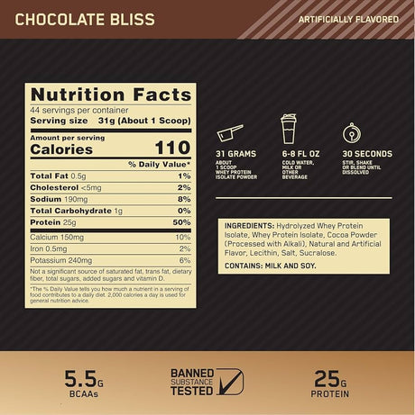ON Gold Standard Whey Isolate 3lbs — ingredients label and nutrition facts panel