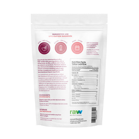 Raw Nutritional Pure Organic Camu Camu Powder 150g — ingredients label and nutrition facts panel
