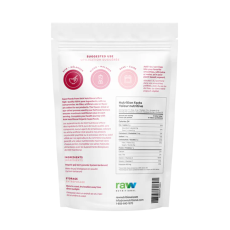 Raw Nutritional Pure Organic Goji Powder 225g — ingredients label and nutrition facts panel