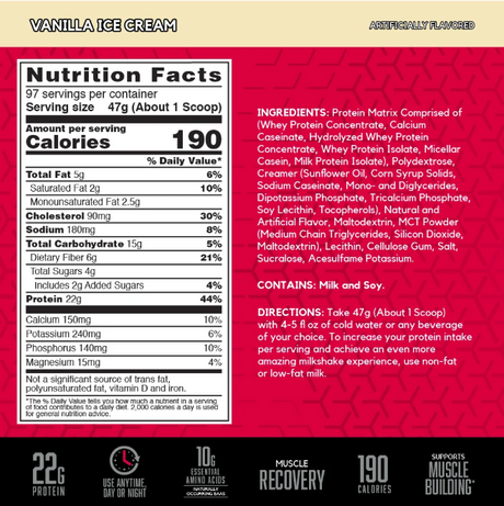 BSN Syntha-6 4.56lbs Protein Matrix — Vanilla Ice Cream — ingredients label and nutrition facts panel