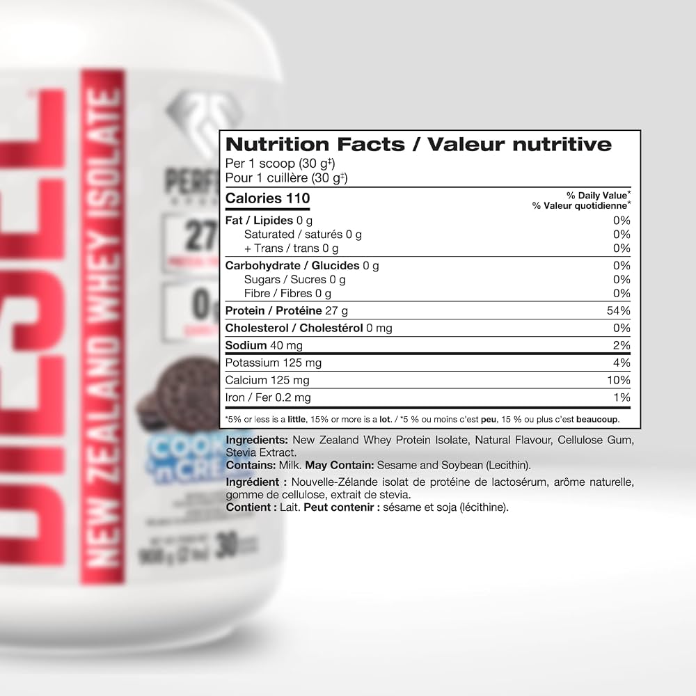 Perfect Sports Diesel New Zealand Whey Isolate 2LB — Cookies & Cream — ingredients label and nutrition facts panel