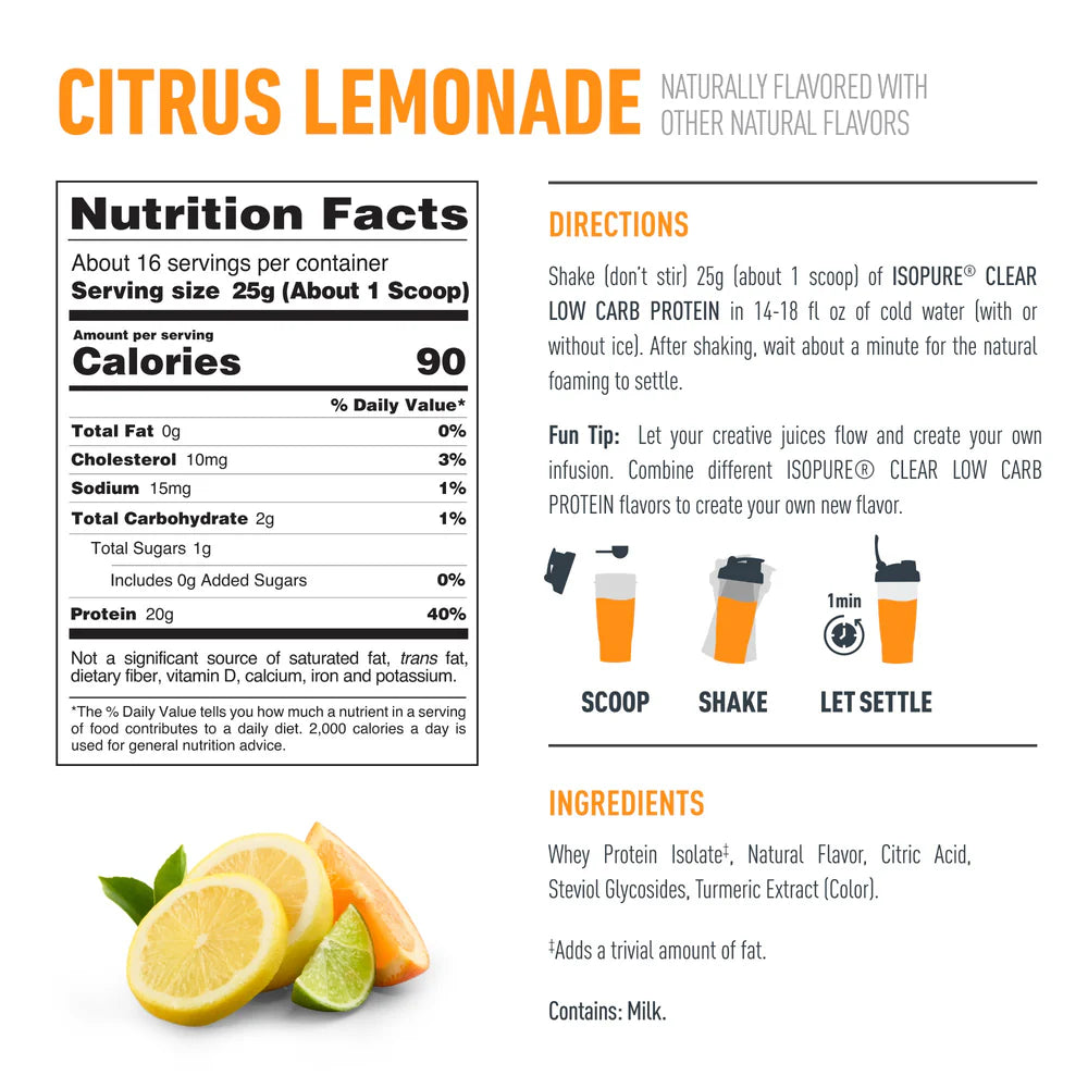 Isopure Clear Isolate Low Carb Protein 16 Servings — Citrus Lemonade — ingredients label and nutrition facts panel