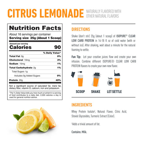 Isopure Clear Isolate Low Carb Protein 16 Servings — Citrus Lemonade — ingredients label and nutrition facts panel