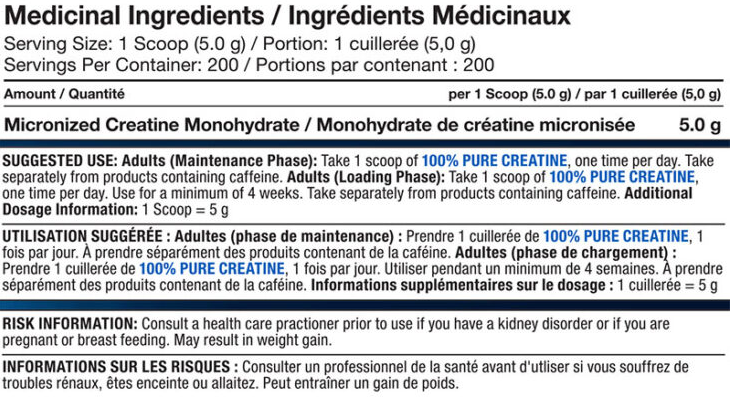 Pro Line Micronized Creatine Monohydrate Unflavoured — 1000g — ingredients label and nutrition facts panel
