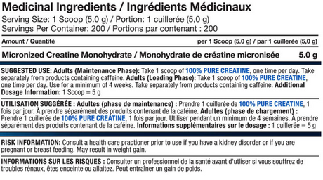 Pro Line Micronized Creatine Monohydrate Unflavoured — 1000g — ingredients label and nutrition facts panel
