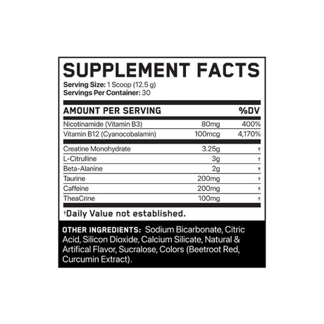 Applied Nutrition Essential Pre Workout 30 Servings — ingredients label and nutrition facts panel