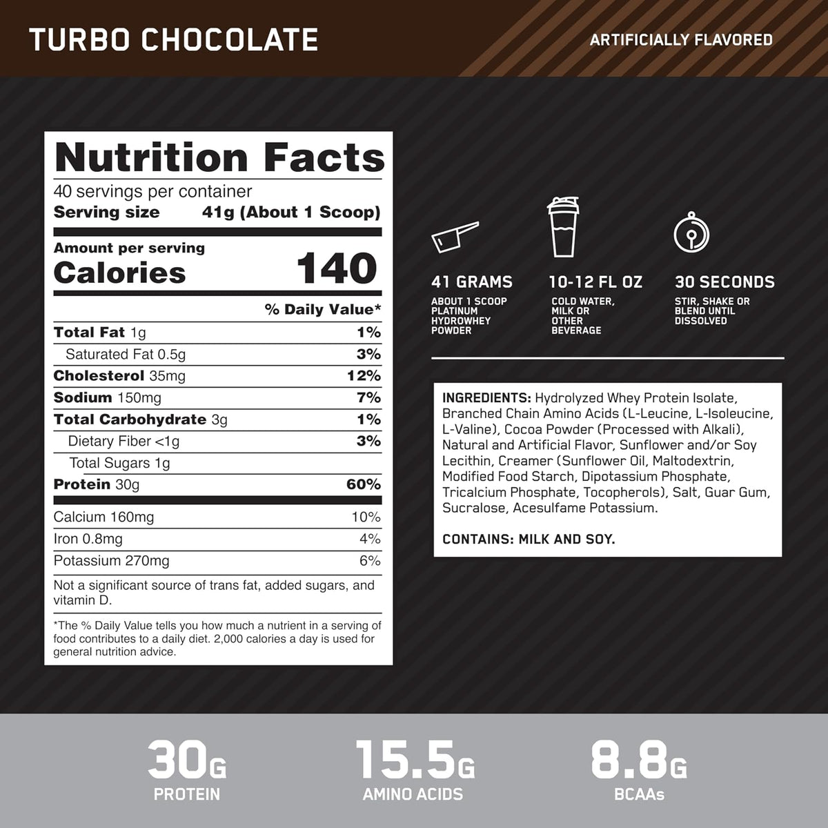 ON Platinum Hydro Whey 3.5lbs Hydrolyzed Whey Protein Isolate — ingredients label and nutrition facts panel