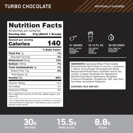 ON Platinum Hydro Whey 3.5lbs Hydrolyzed Whey Protein Isolate — ingredients label and nutrition facts panel