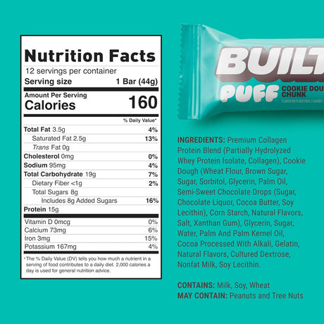 Built Puffs (Box of 12) - Cookie Dough Chunk — ingredients label and nutrition facts panel
