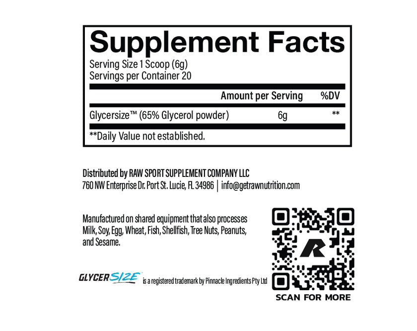 RAW Pump2 Glycerol Pre Workout 20 Servings — ingredients label and nutrition facts panel