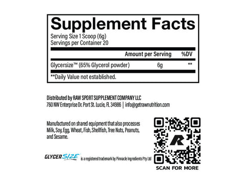 RAW Pump2 Glycerol Pre Workout 20 Servings — ingredients label and nutrition facts panel