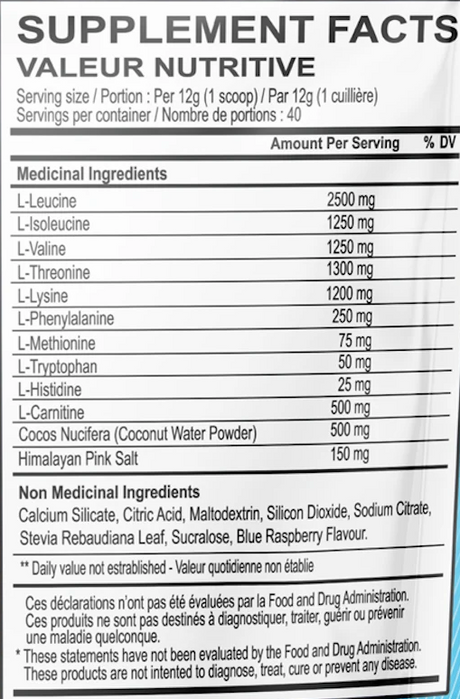 Limitless Pharma EAA Loaded 40 Servings — Blue Raspberry — ingredients label and nutrition facts panel